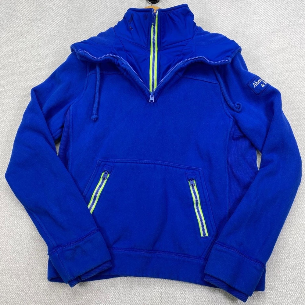 Abercrombie & Fitch Hoodie Womens M Mock Neck‎ Quarter Zip Blue Neon Accent